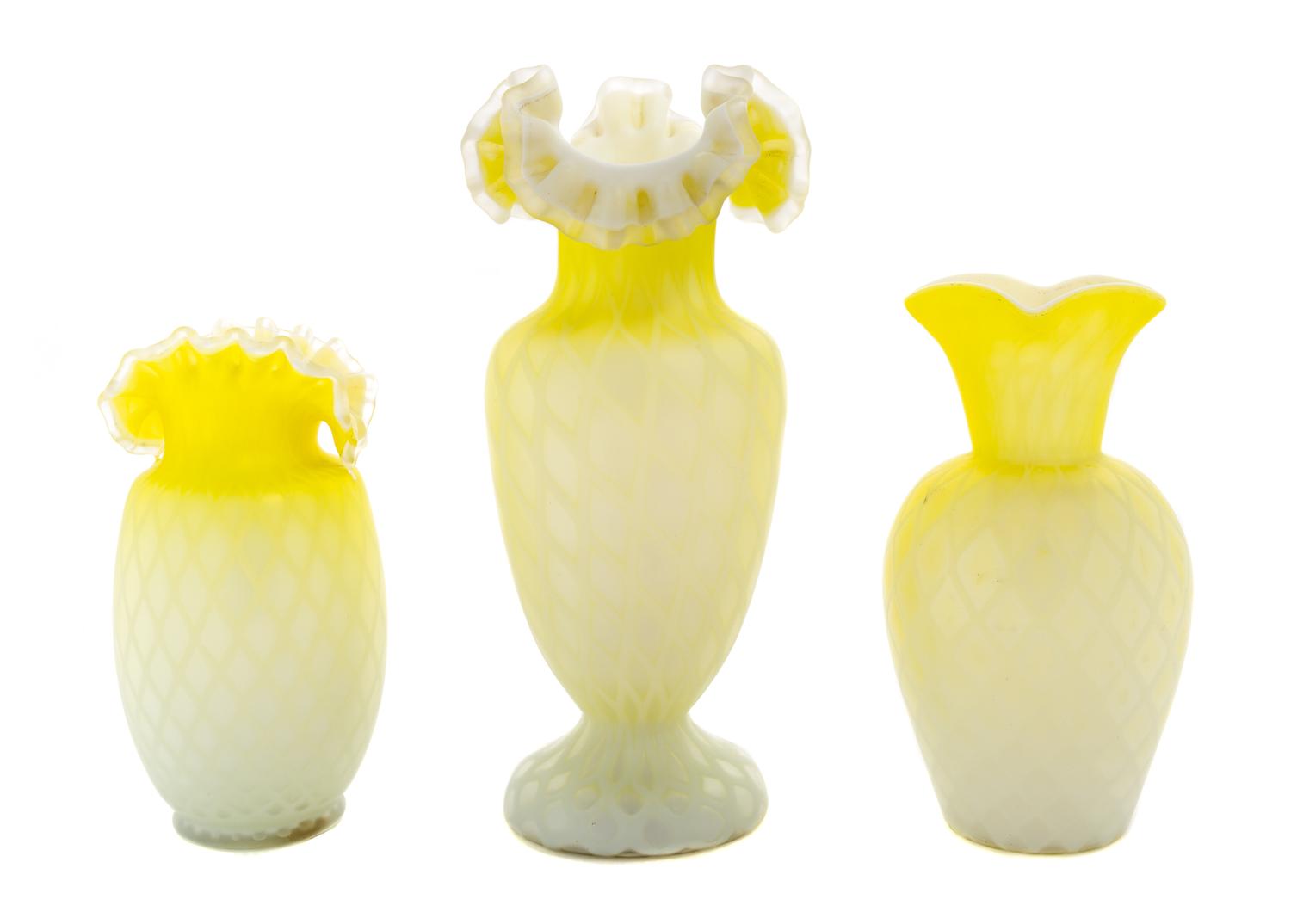 Three Victorian Mother-of-Pearl Satin Glass Articles Height of tallest 9 1/2 inches — 19TH CENTURY