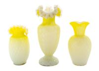 Three Victorian Mother-of-Pearl Satin Glass Articles Height of tallest 9 1/2 inches — 19TH CENTURY