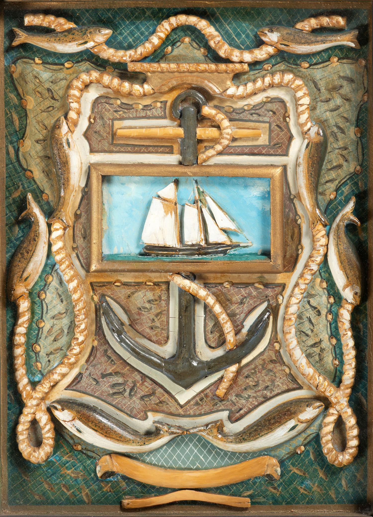 A Nautical Folk Art Carved and Painted Wood Panel