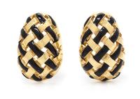 A Pair of 14 Karat Yellow Gold and Enamel Earclips, 6.80 dwts.