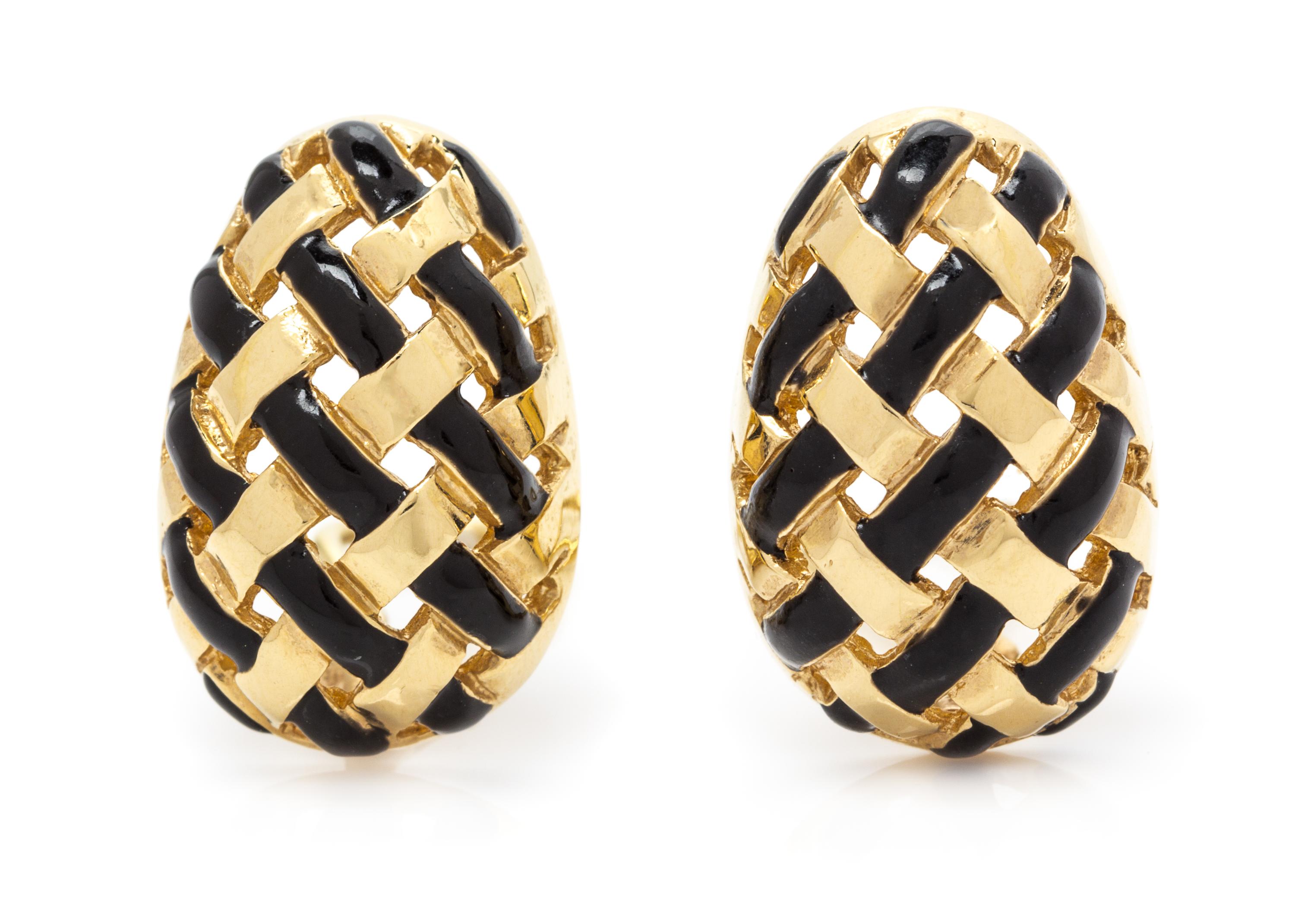 A Pair of 14 Karat Yellow Gold and Enamel Earclips, 6.80 dwts.
