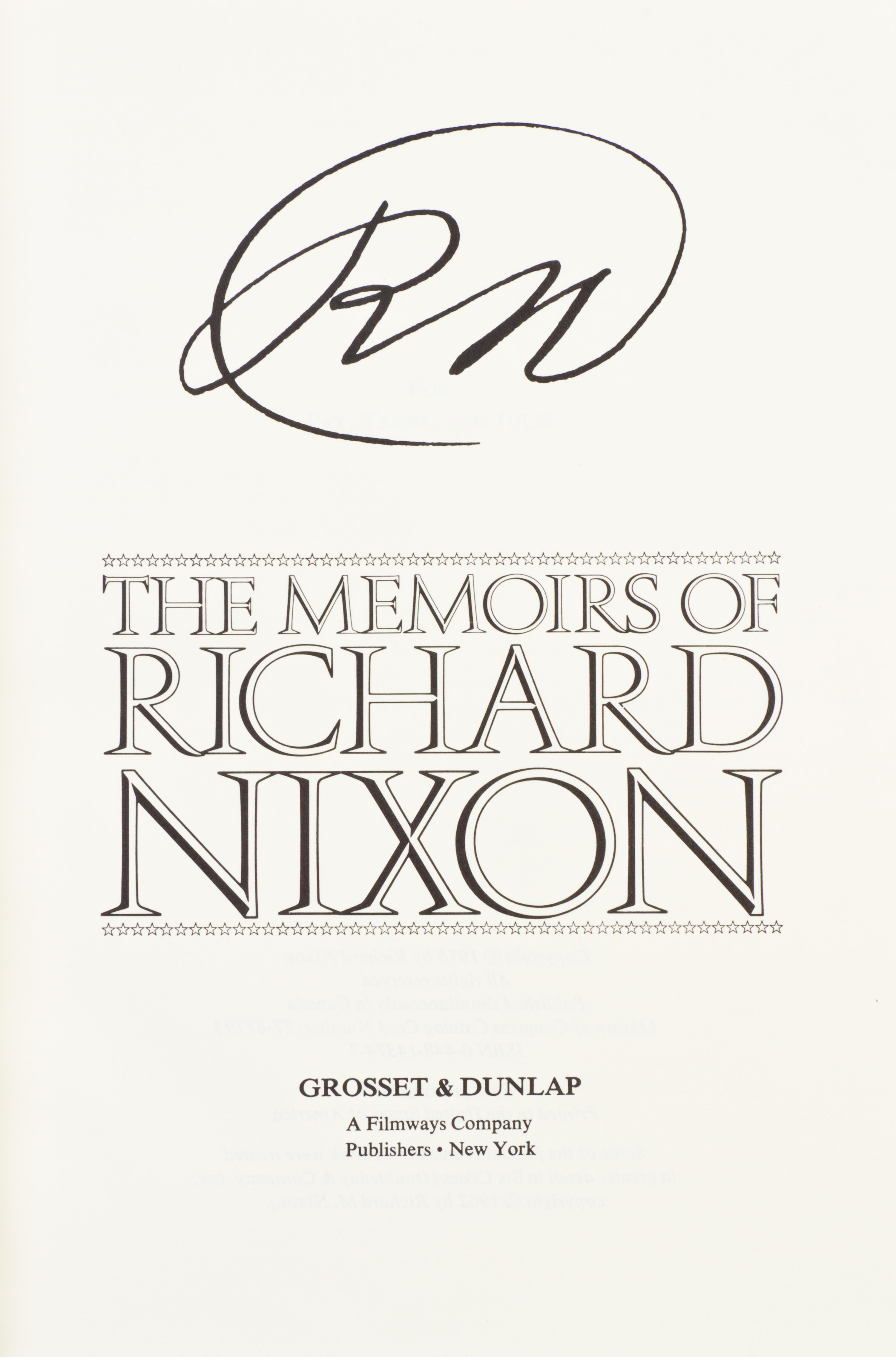 NIXON, RICHARD. The Memoirs of Richard Nixon. New York, (1978). Limited ed., signed.