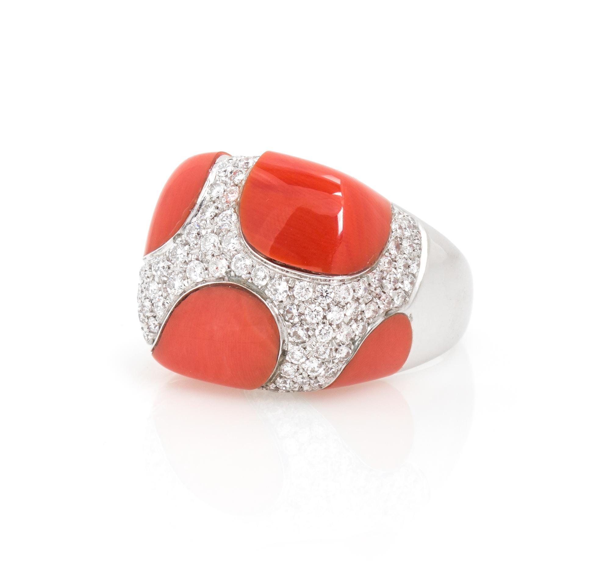 A White Gold, Coral and Diamond Ring, 9.80 dwts.