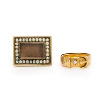 Victorian, Seed Pearl Mourning Brooch and Yellow Gold and Diamond Buckle Ring