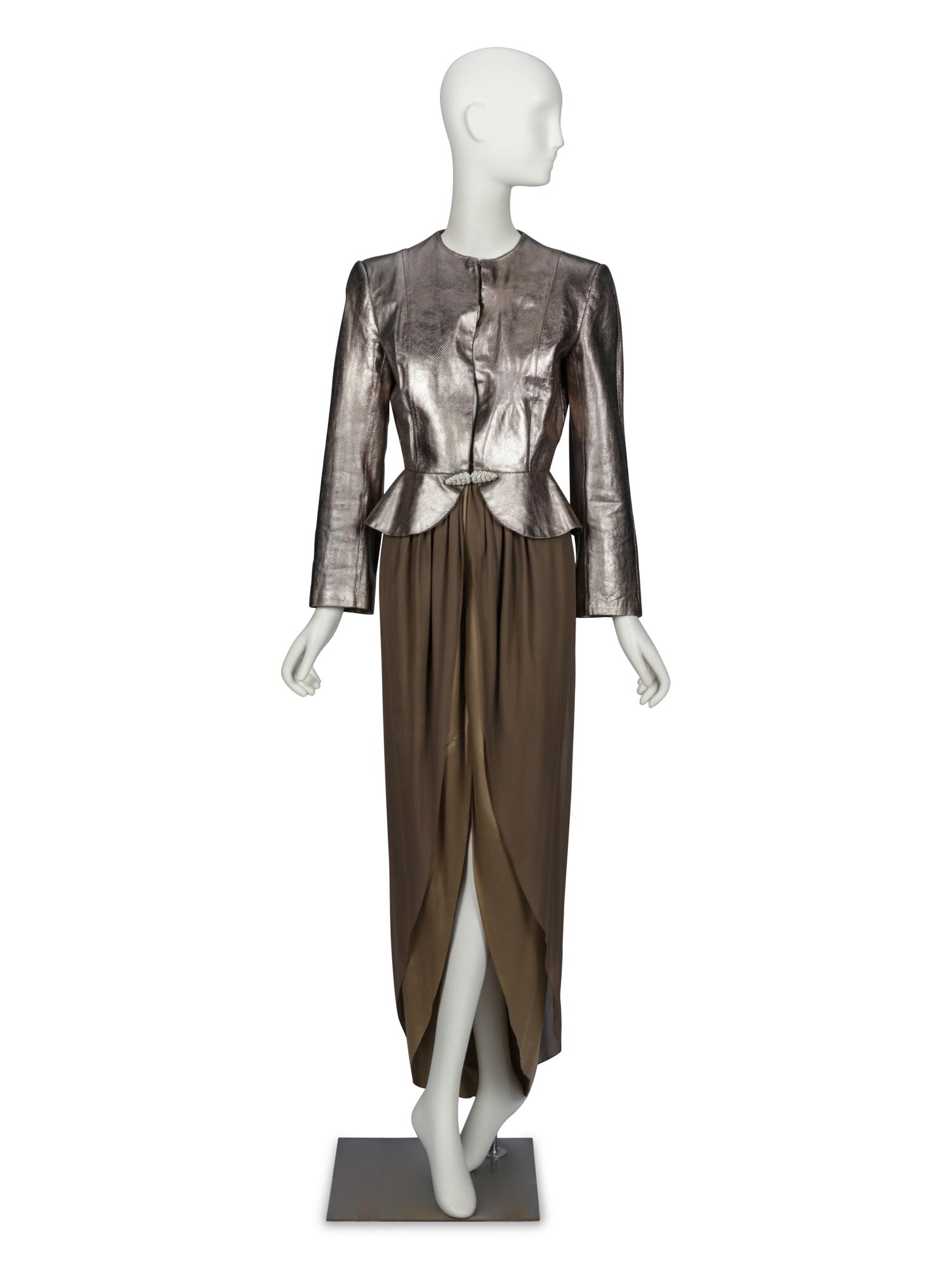BILL BLASS, SILVER SNAKESKIN JACKET & SILK DRESS