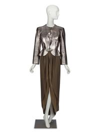 BILL BLASS, SILVER SNAKESKIN JACKET & SILK DRESS