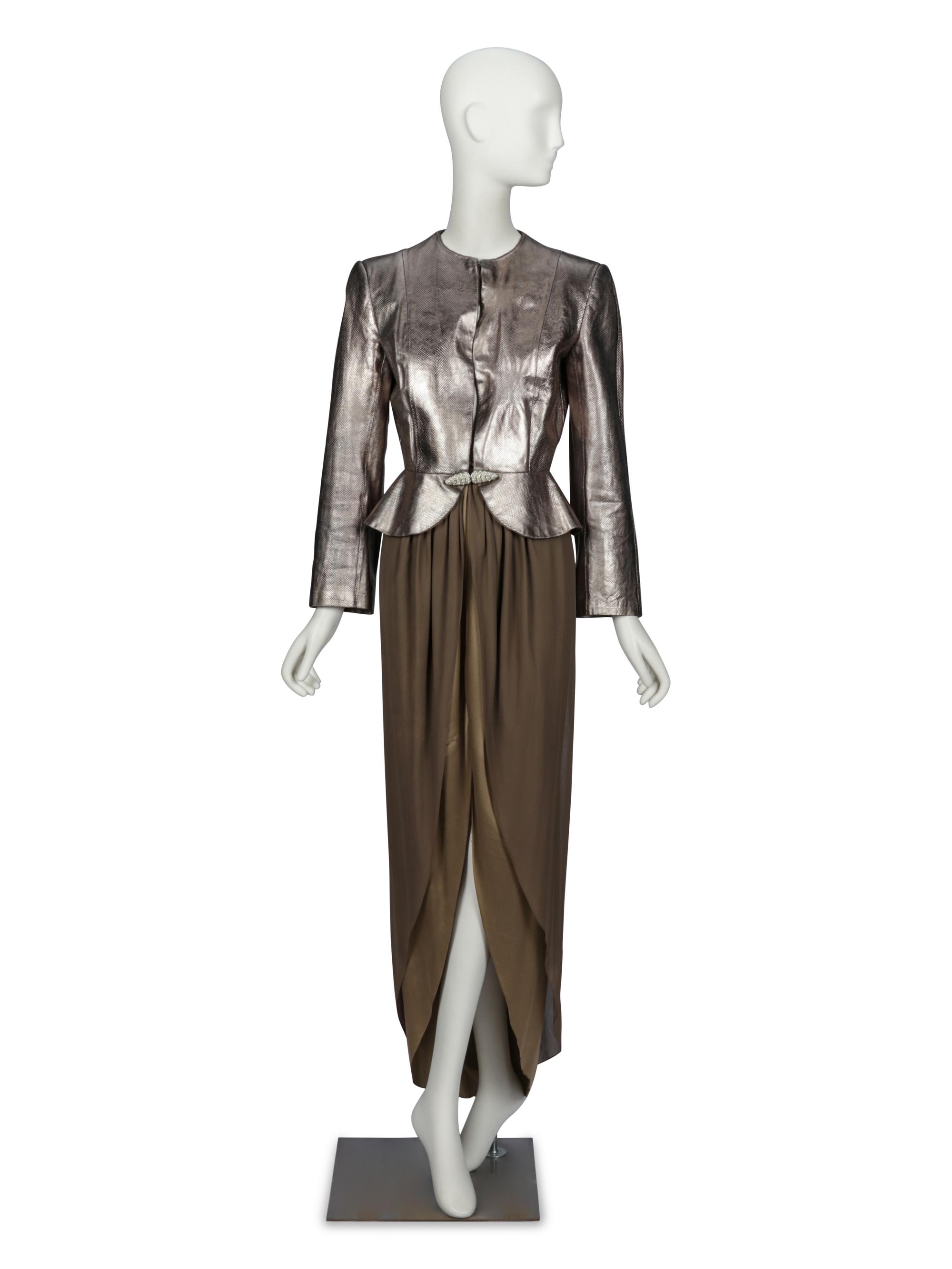 BILL BLASS, SILVER SNAKESKIN JACKET & SILK DRESS