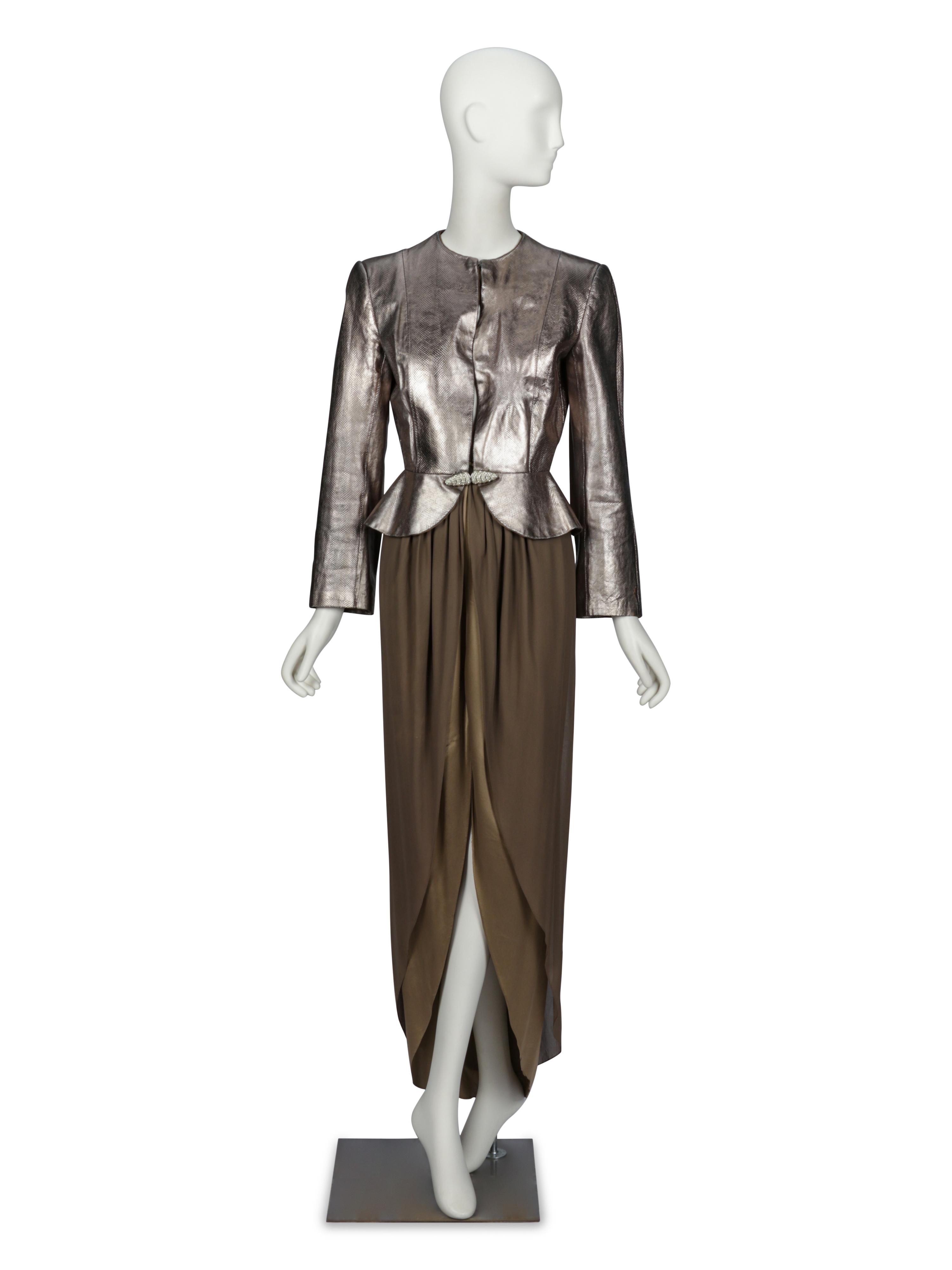 BILL BLASS, SILVER SNAKESKIN JACKET & SILK DRESS