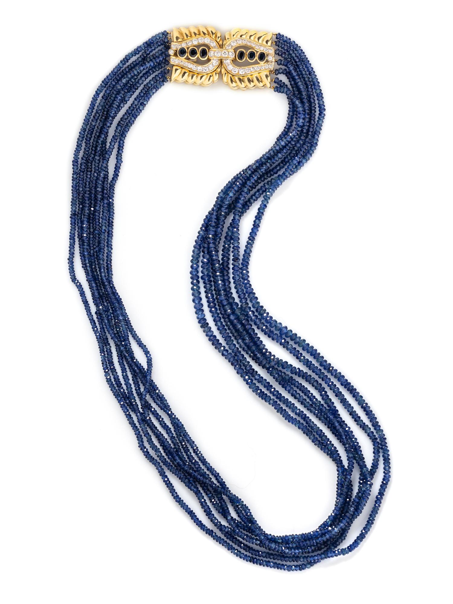 YELLOW GOLD, SAPPHIRE AND DIAMOND BEAD NECKLACE