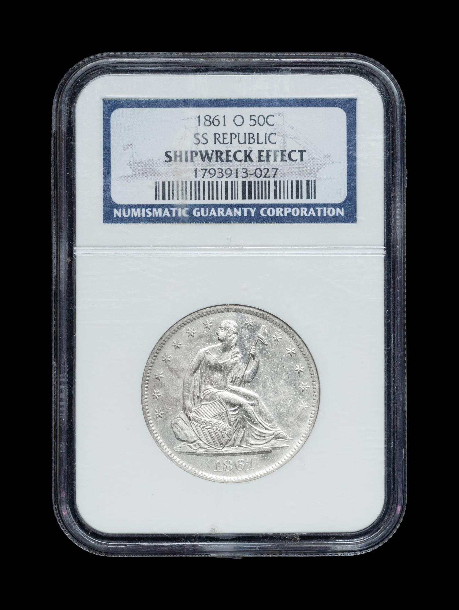 An SS Republic Shipwreck 1861-O Seated Liberty 50c Coin (NGC Genuine-Shipwreck Effect)