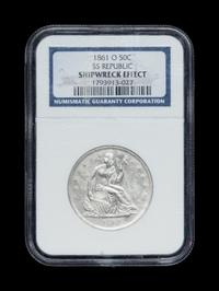An SS Republic Shipwreck 1861-O Seated Liberty 50c Coin (NGC Genuine-Shipwreck Effect)