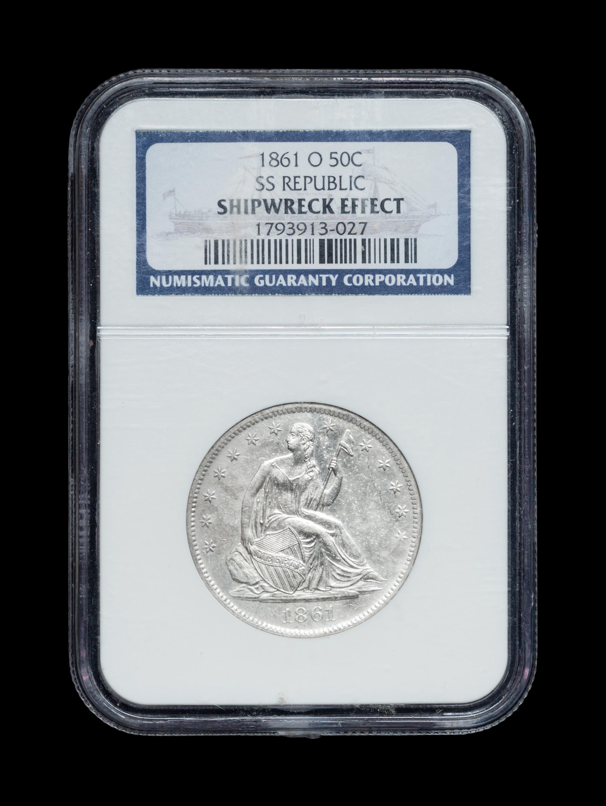 An SS Republic Shipwreck 1861-O Seated Liberty 50c Coin (NGC Genuine-Shipwreck Effect)