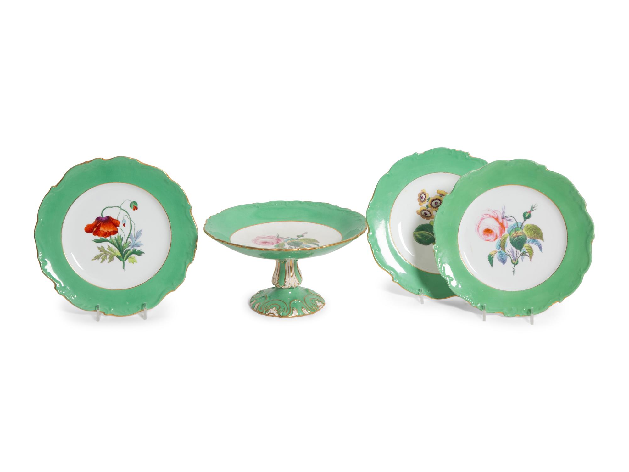 An English Transfer Decorated Green-Ground Porcelain Dessert Set
