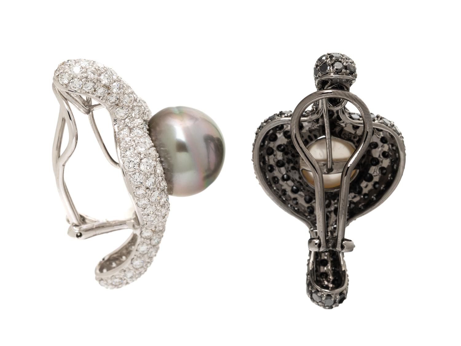 CULTURED PEARL, DIAMOND, AND BLACK DIAMOND EARRINGS