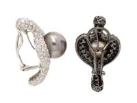 CULTURED PEARL, DIAMOND, AND BLACK DIAMOND EARRINGS