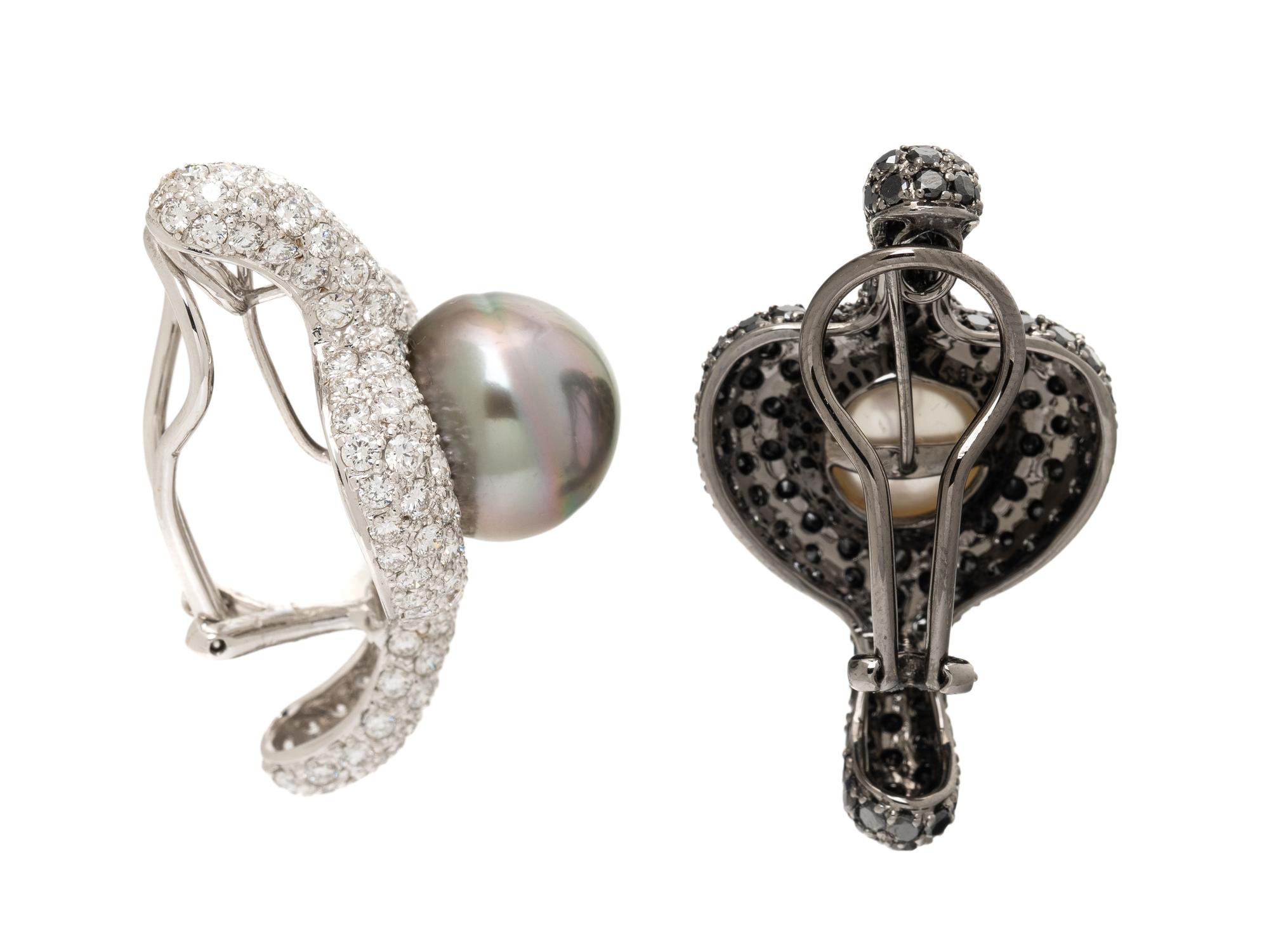 CULTURED PEARL, DIAMOND, AND BLACK DIAMOND EARRINGS