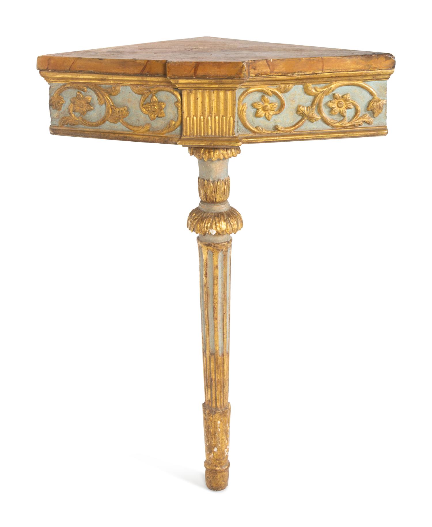 A Pair of Italian Carved, Painted and Giltwood Corner Console Tables