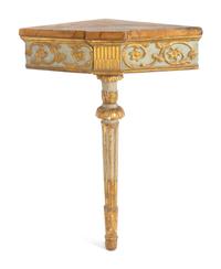 A Pair of Italian Carved, Painted and Giltwood Corner Console Tables