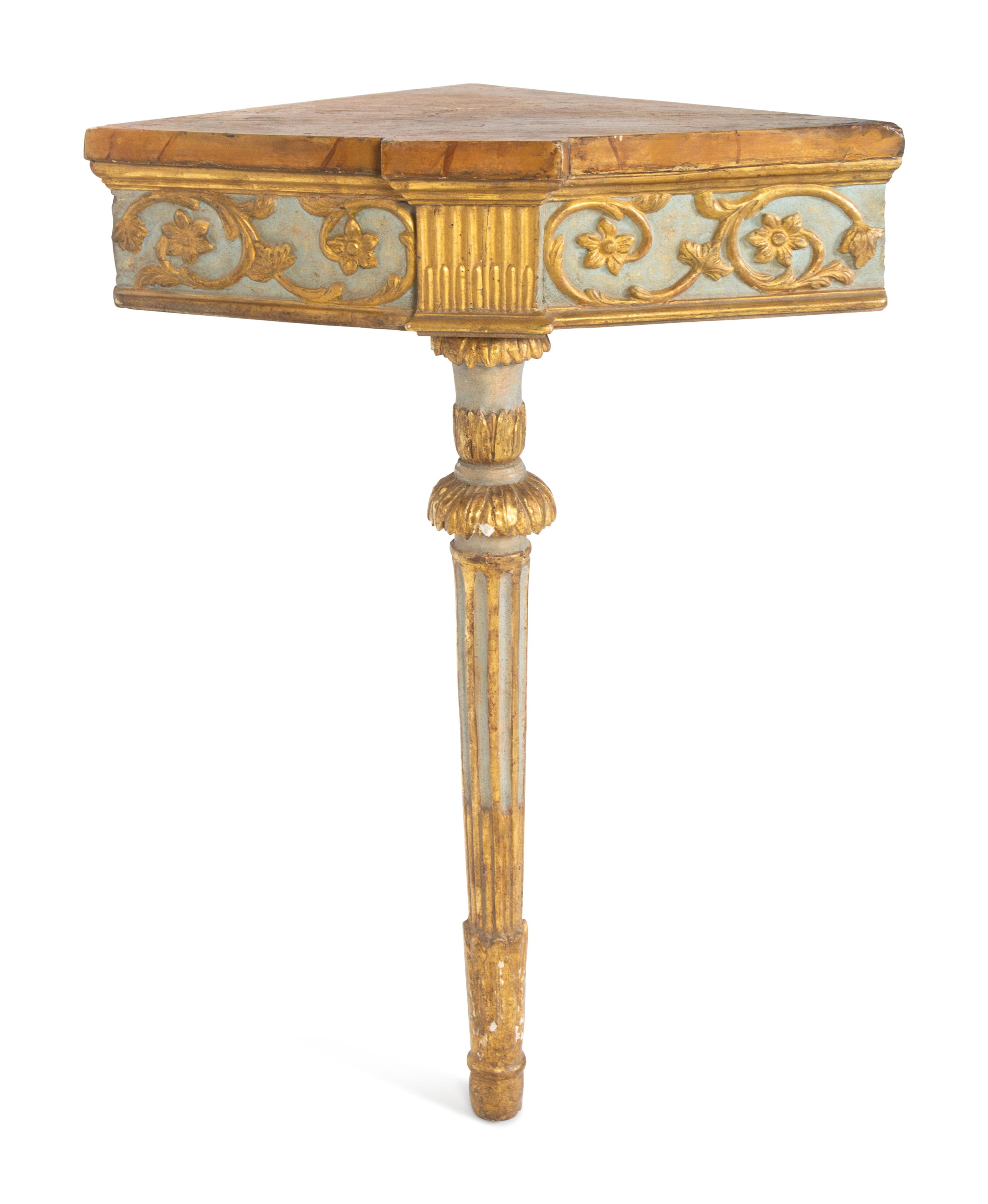 A Pair of Italian Carved, Painted and Giltwood Corner Console Tables