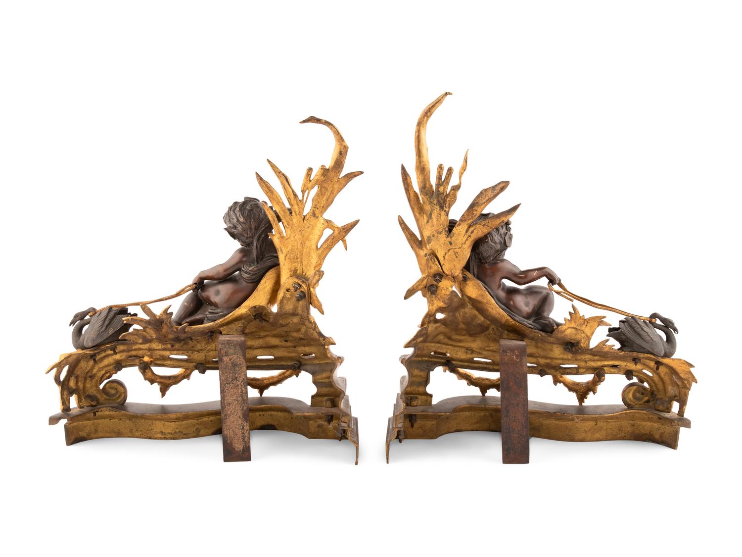 A Pair of Napoleon III Gilt and Patinated Bronze Figural Chenets