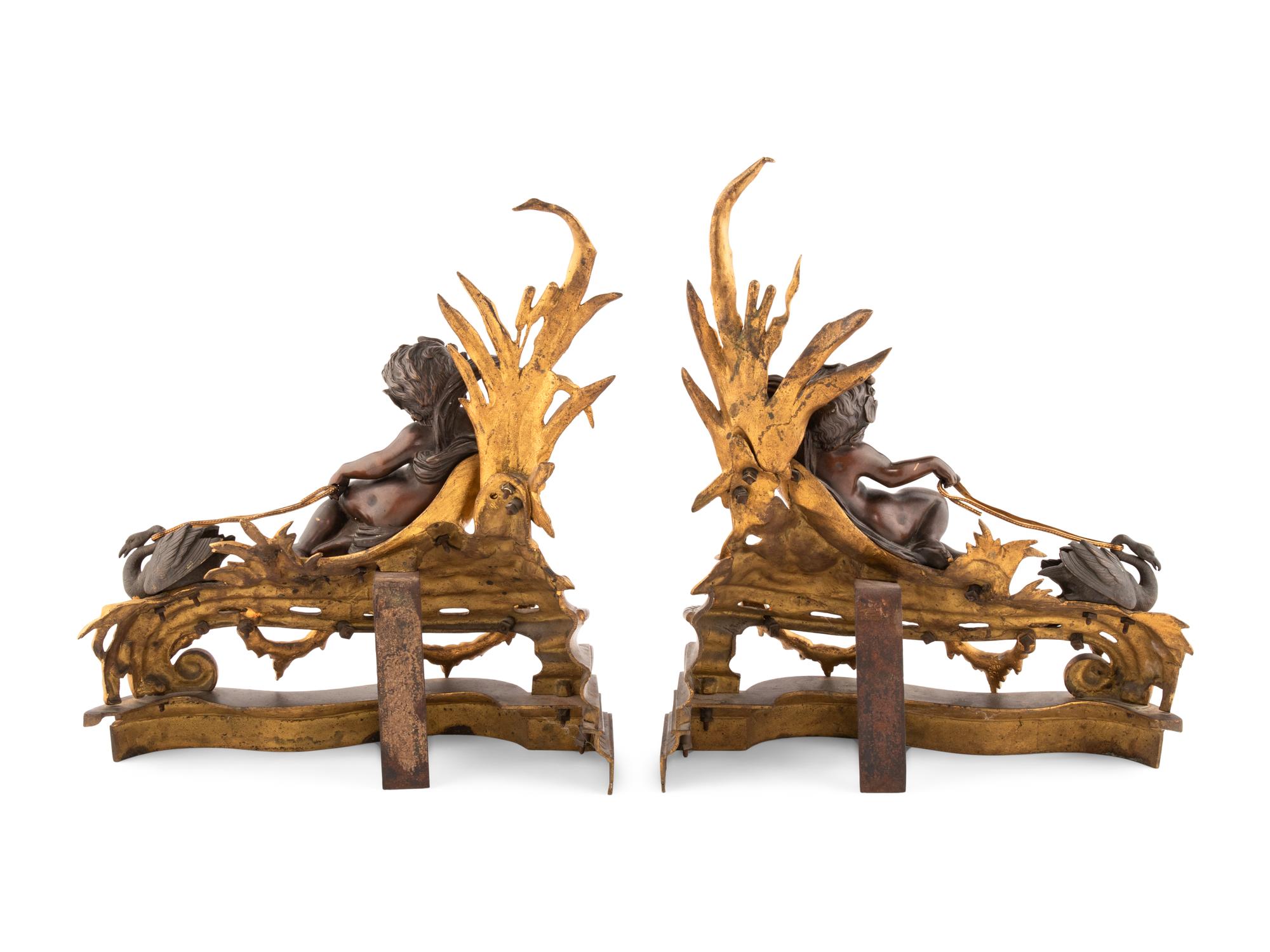 A Pair of Napoleon III Gilt and Patinated Bronze Figural Chenets