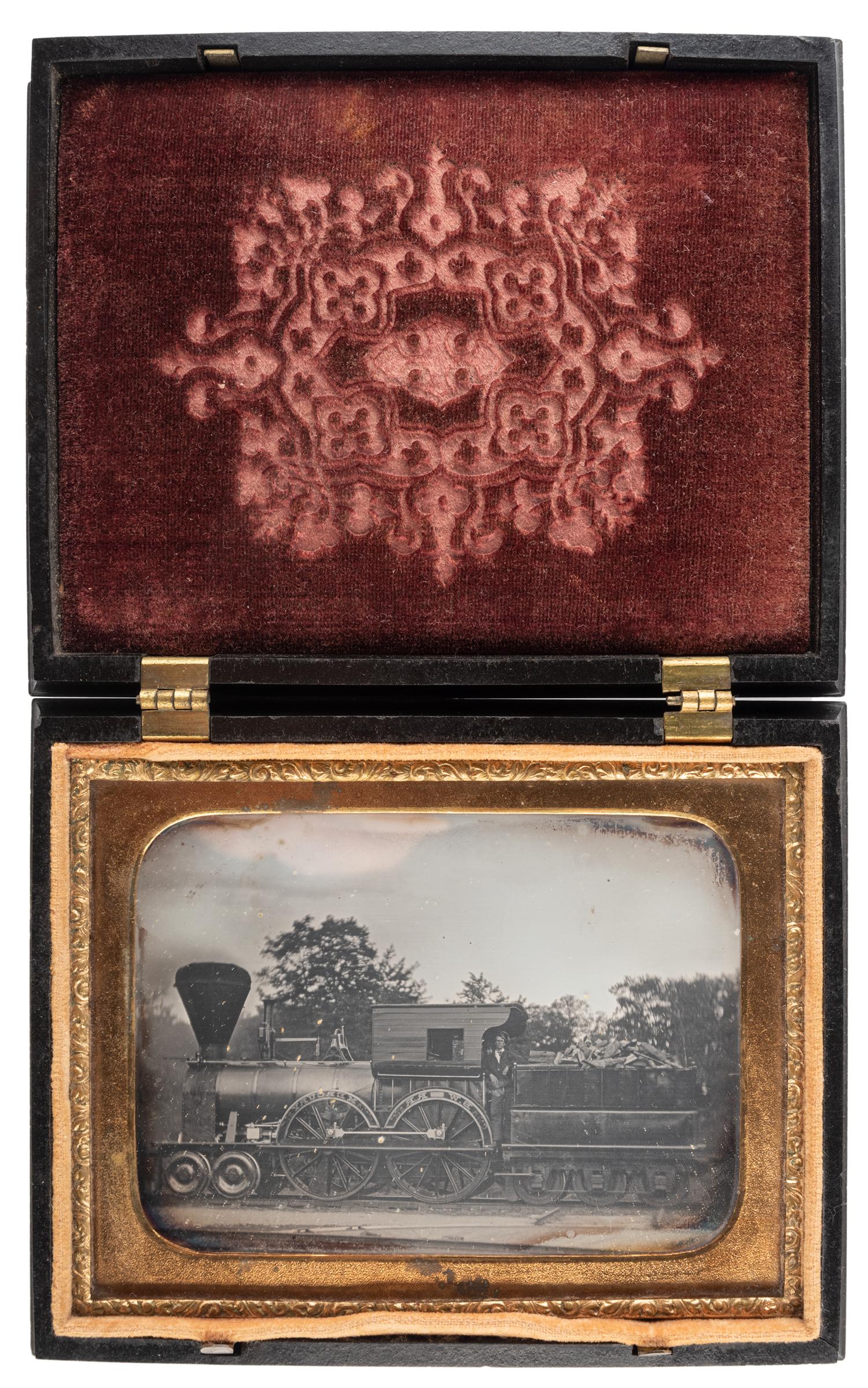 [EARLY PHOTOGRAPHY]. Quarter plate daguerreotype of Boston & Worcester Railroad locomotive, Mercury . [Massachusetts?]: [ca 1847?].