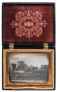 [EARLY PHOTOGRAPHY]. Quarter plate daguerreotype of Boston & Worcester Railroad locomotive, Mercury . [Massachusetts?]: [ca 1847?].