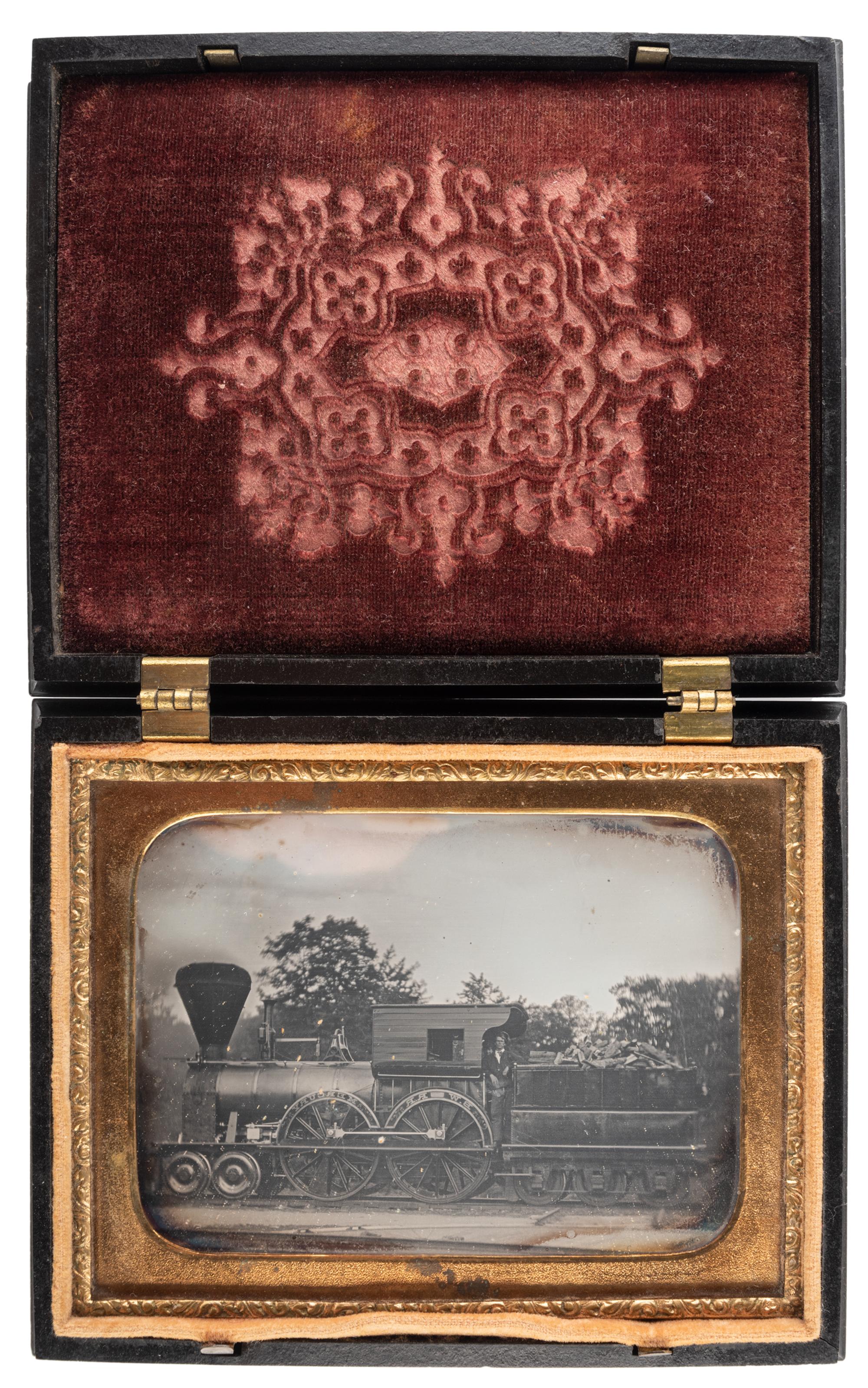 [EARLY PHOTOGRAPHY]. Quarter plate daguerreotype of Boston & Worcester Railroad locomotive, Mercury . [Massachusetts?]: [ca 1847?].