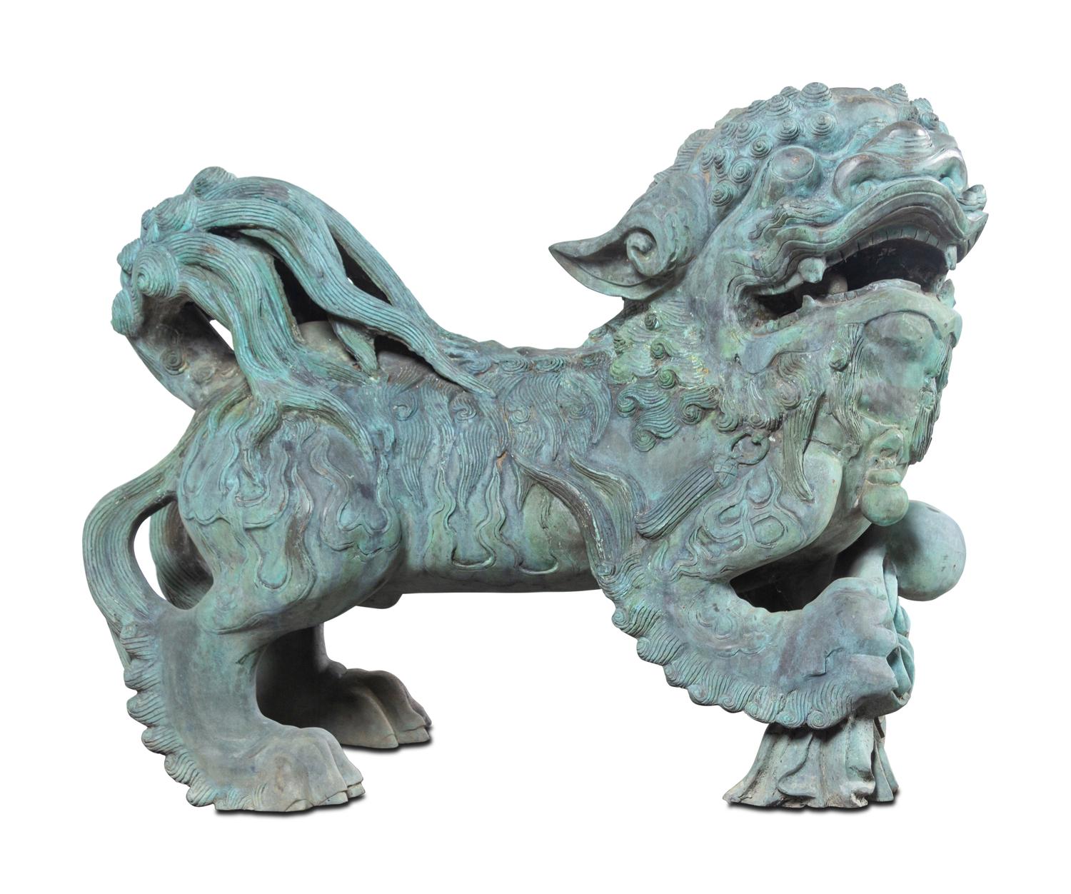 A Pair of Patinated Bronze Buddhistic Lions
