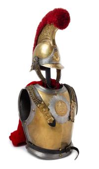 A French Second Empire Carabinier-a-Cheval Cuirass and Helmet Height of cuirass 17 1/2 inches. — THIRD QUARTER 19TH CENTURY