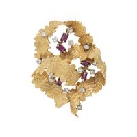 Diamond, Ruby, and Yellow Gold Modernist Brooch