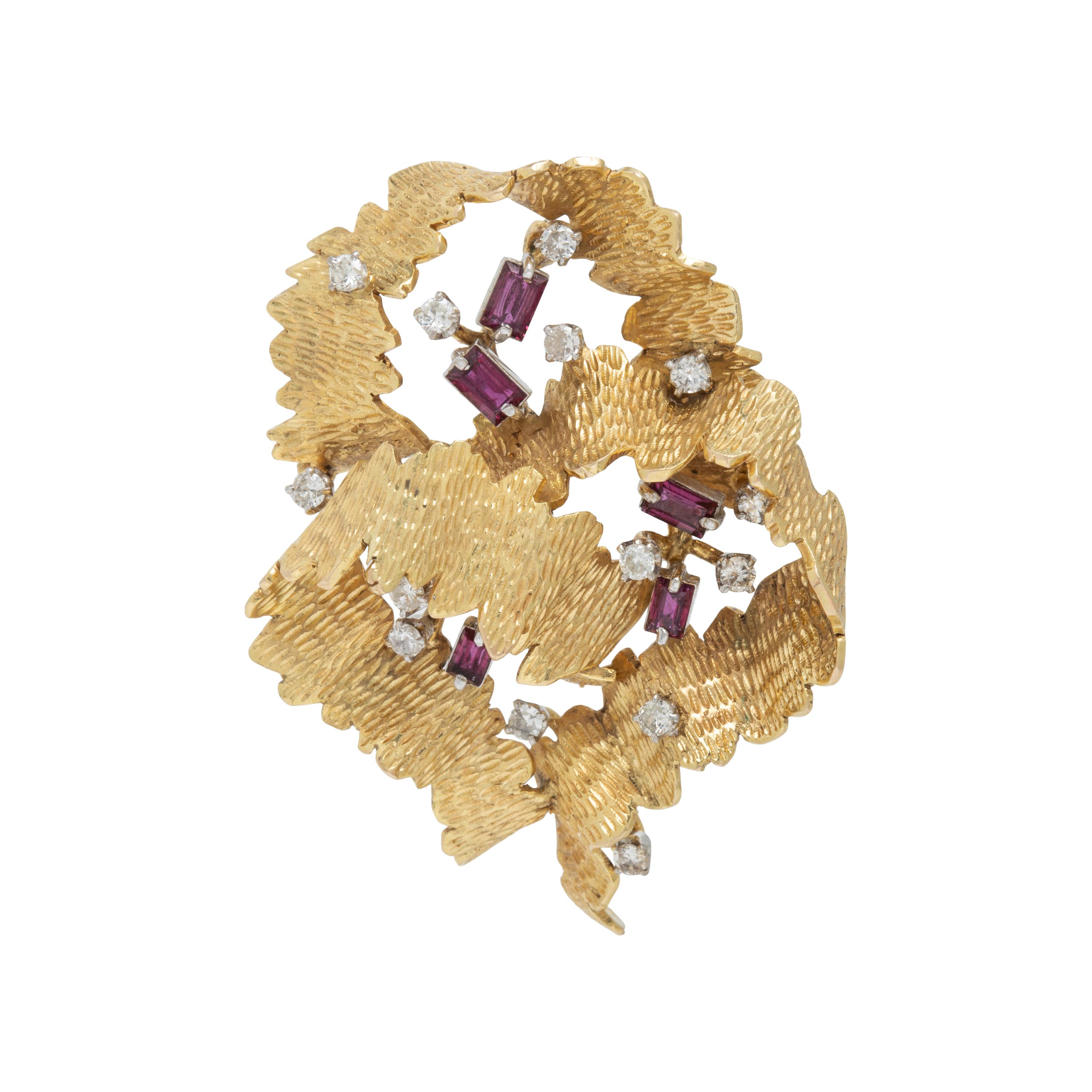 Diamond, Ruby, and Yellow Gold Modernist Brooch