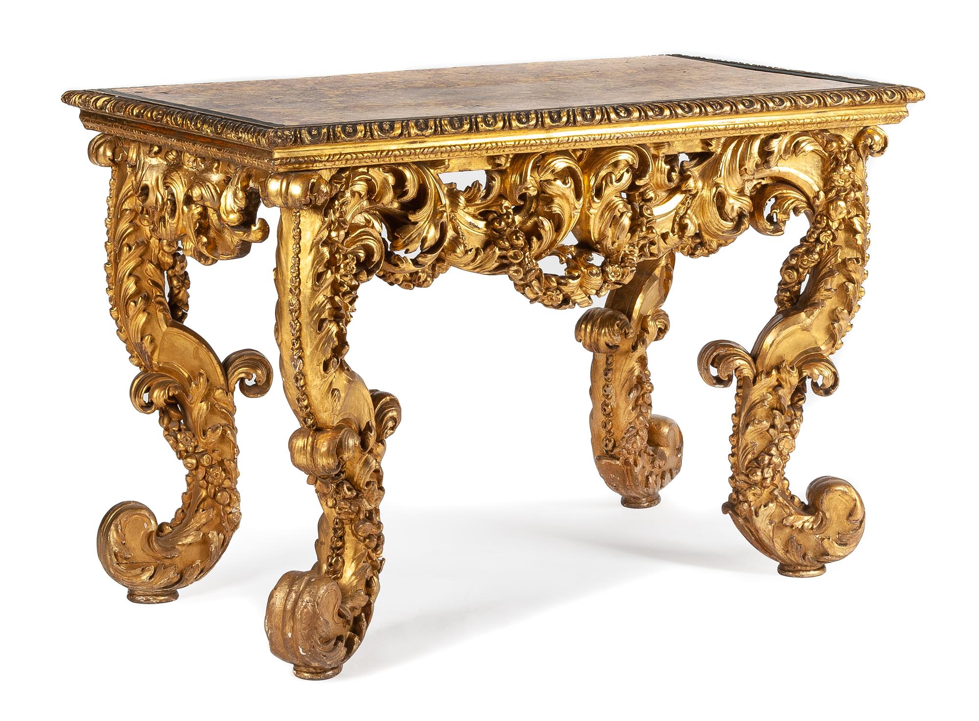 A Continental Giltwood Console Table Height 32 x width 49 1/2 x depth 25 1/2 inches. — 18TH/19TH CENTURY
