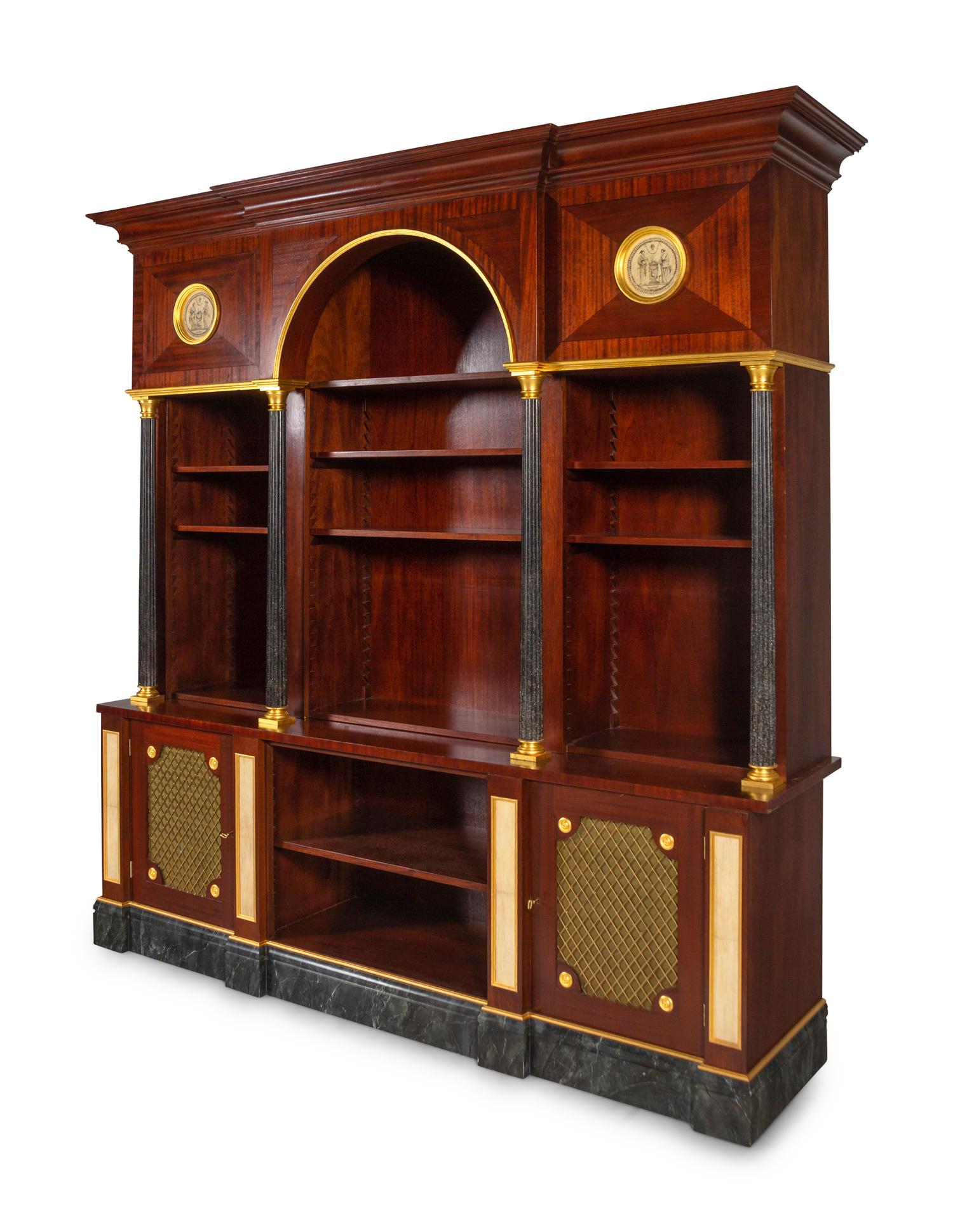APPROVED FOR DONATION A Neoclassical Style Gilt Metal Mounted Mahogany and Faux Marble Illuminated Bookcase