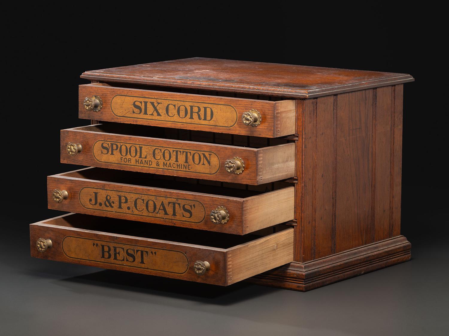 A J & P Coats Four Drawer Oak Advertising Spool Cabinet