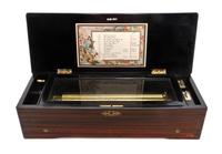 A Swiss Marquetry Cylinder Music Box, Height 6 x width 22 1/2 x depth 9 inches.