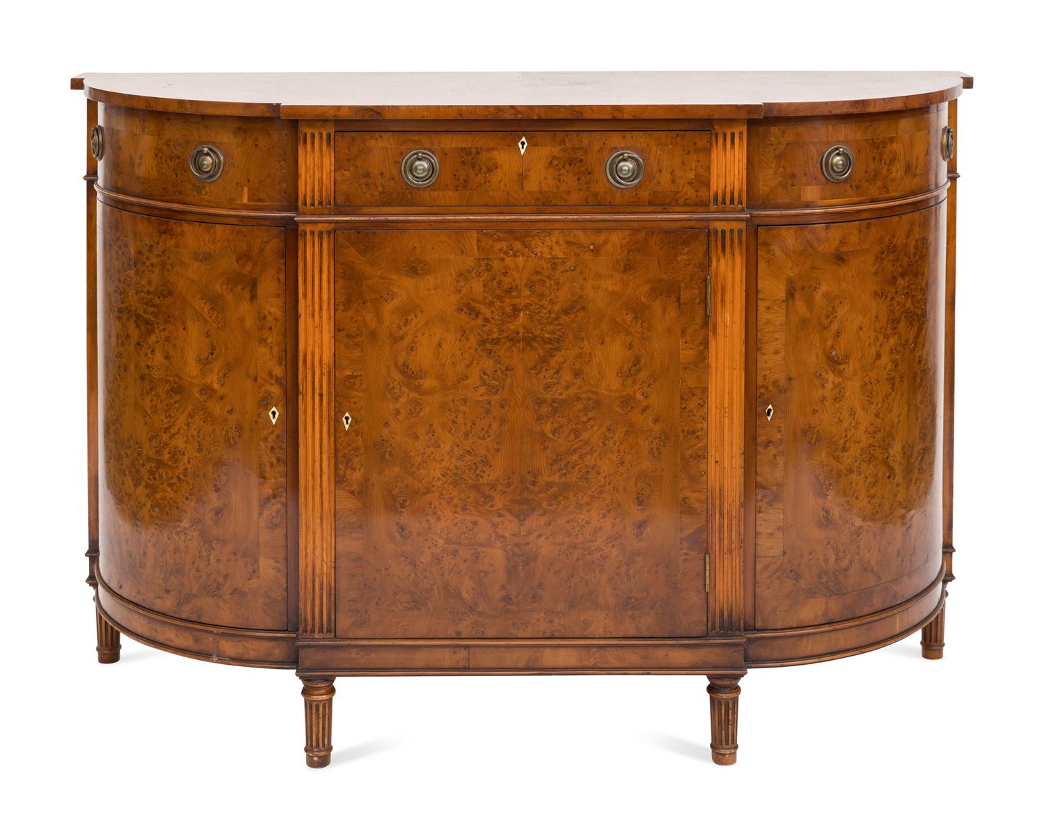 A Smith and Watson Regency Style Burl Walnut Demilune Credenza