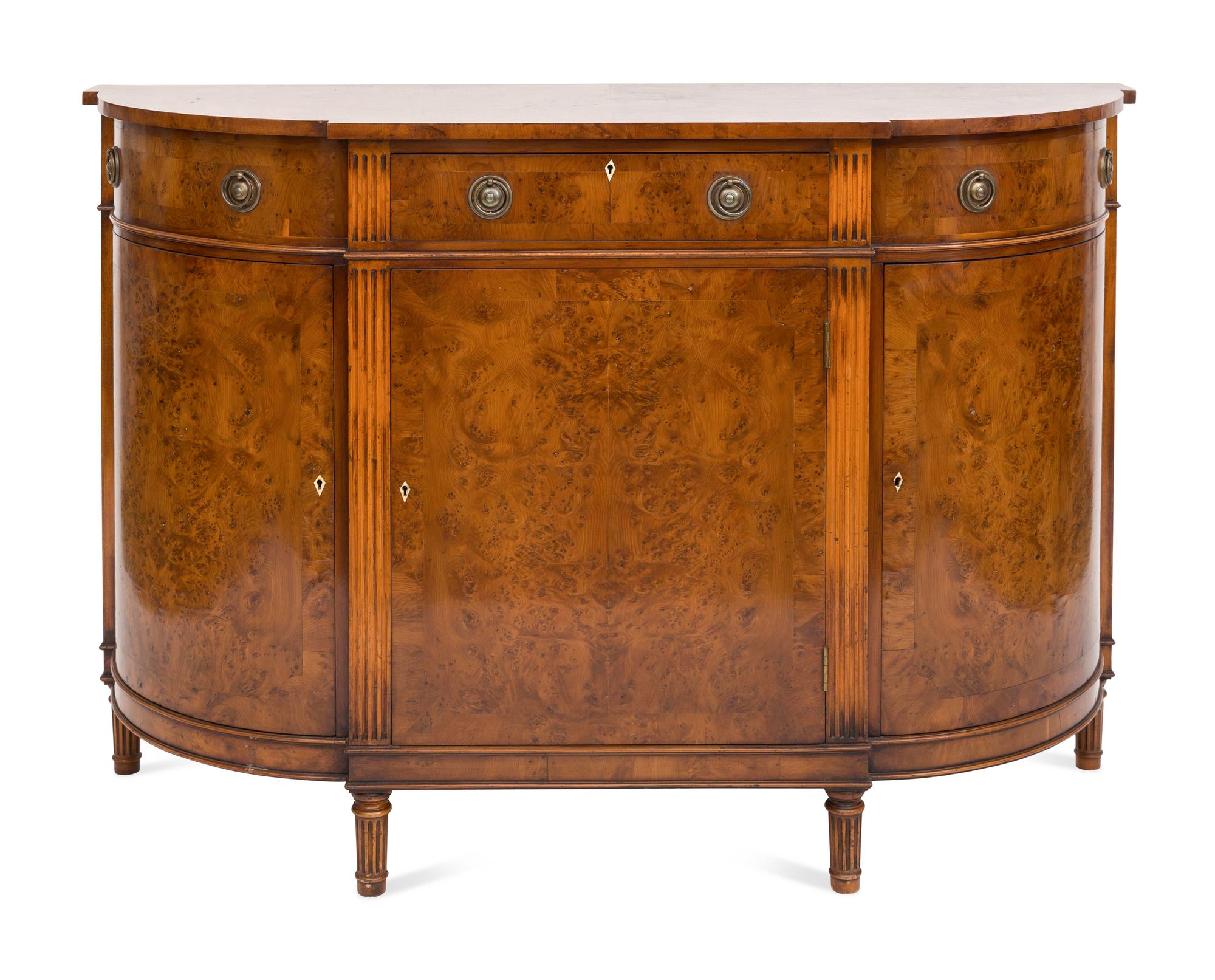 A Smith and Watson Regency Style Burl Walnut Demilune Credenza