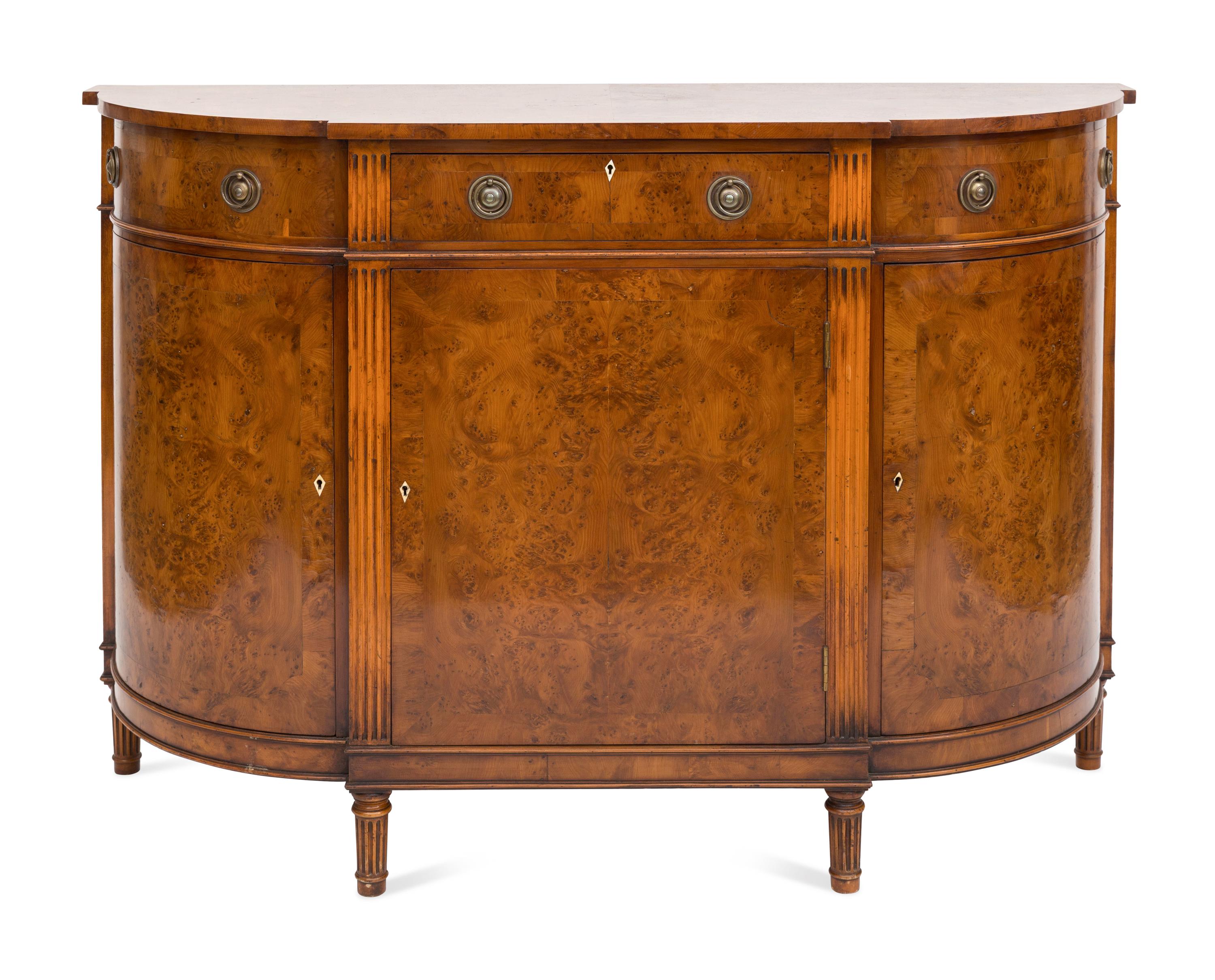 A Smith and Watson Regency Style Burl Walnut Demilune Credenza
