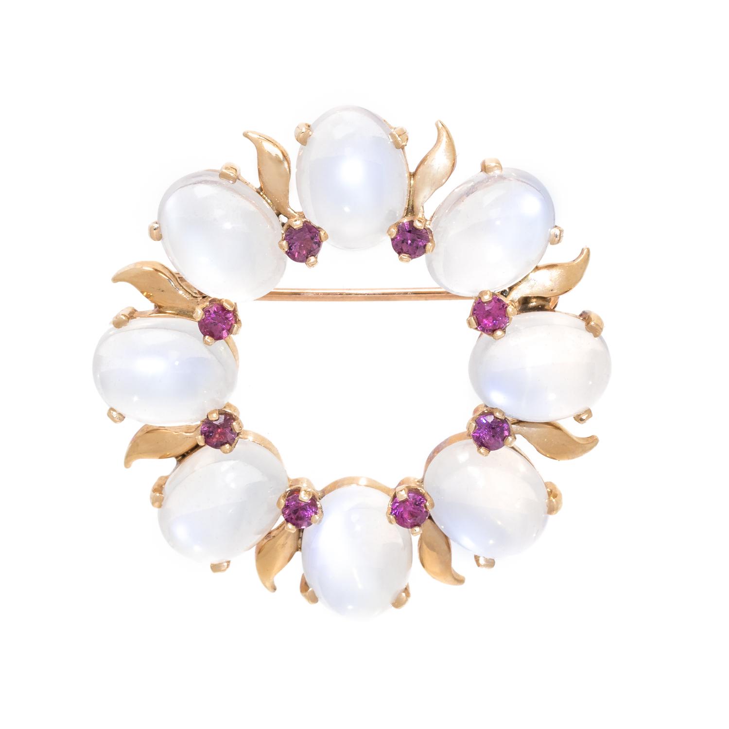 TIFFANY & CO., MOONSTONE AND RUBY BROOCH