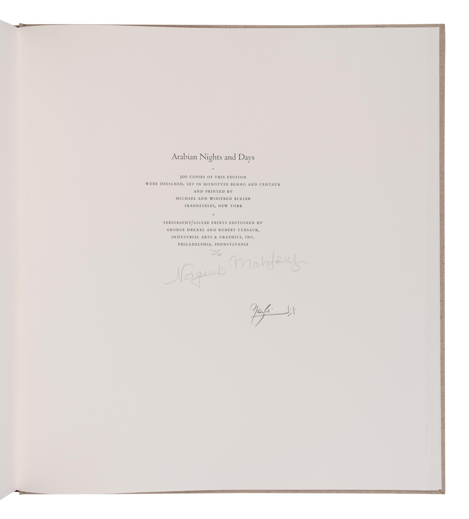 [LIMITED EDITIONS CLUB]. MADKOUR, Nazli (b. 1949), illustrator. -- MAHFOUZ, Naguib (1911-2004). Arabian Nights and Days. New York: The Limited Editions Club, 2005.