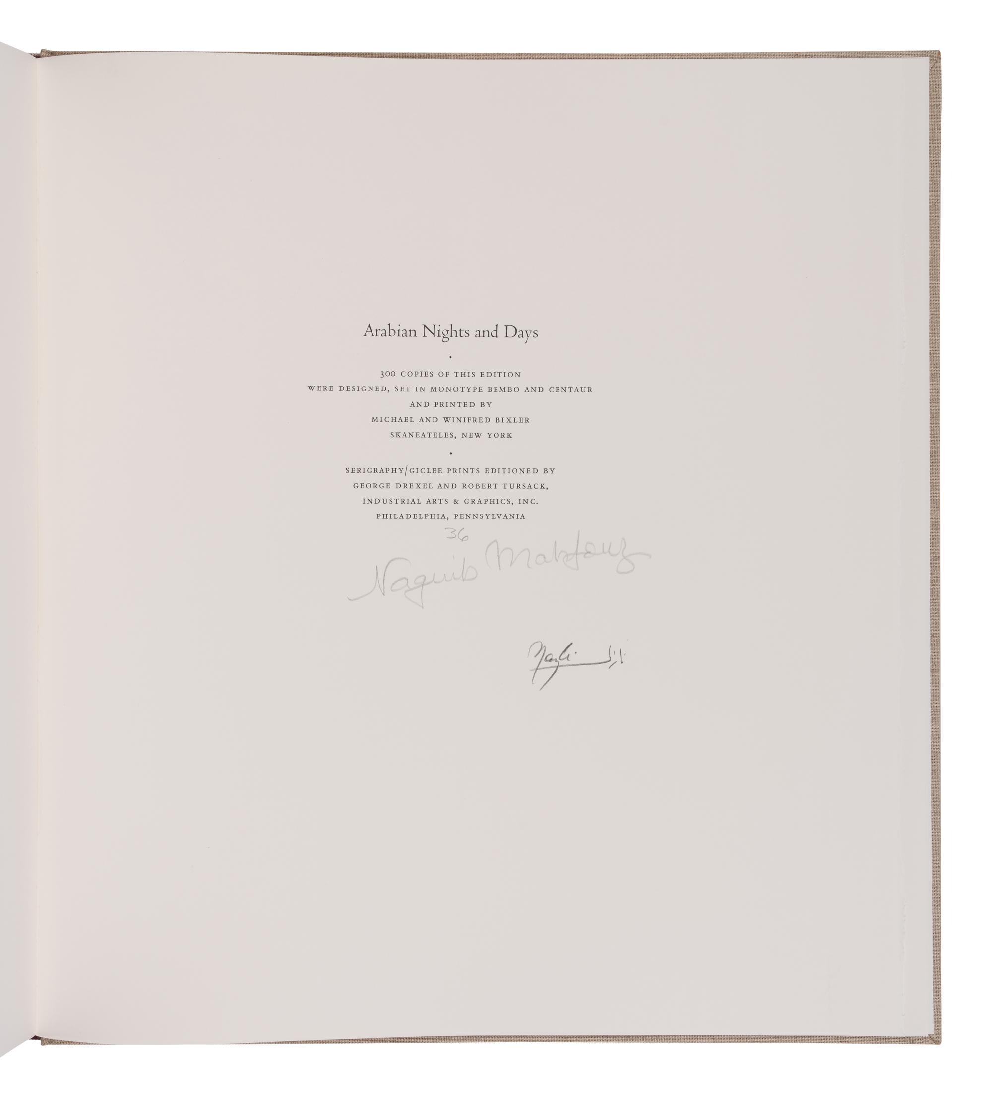 [LIMITED EDITIONS CLUB]. MADKOUR, Nazli (b. 1949), illustrator. -- MAHFOUZ, Naguib (1911-2004). Arabian Nights and Days. New York: The Limited Editions Club, 2005.