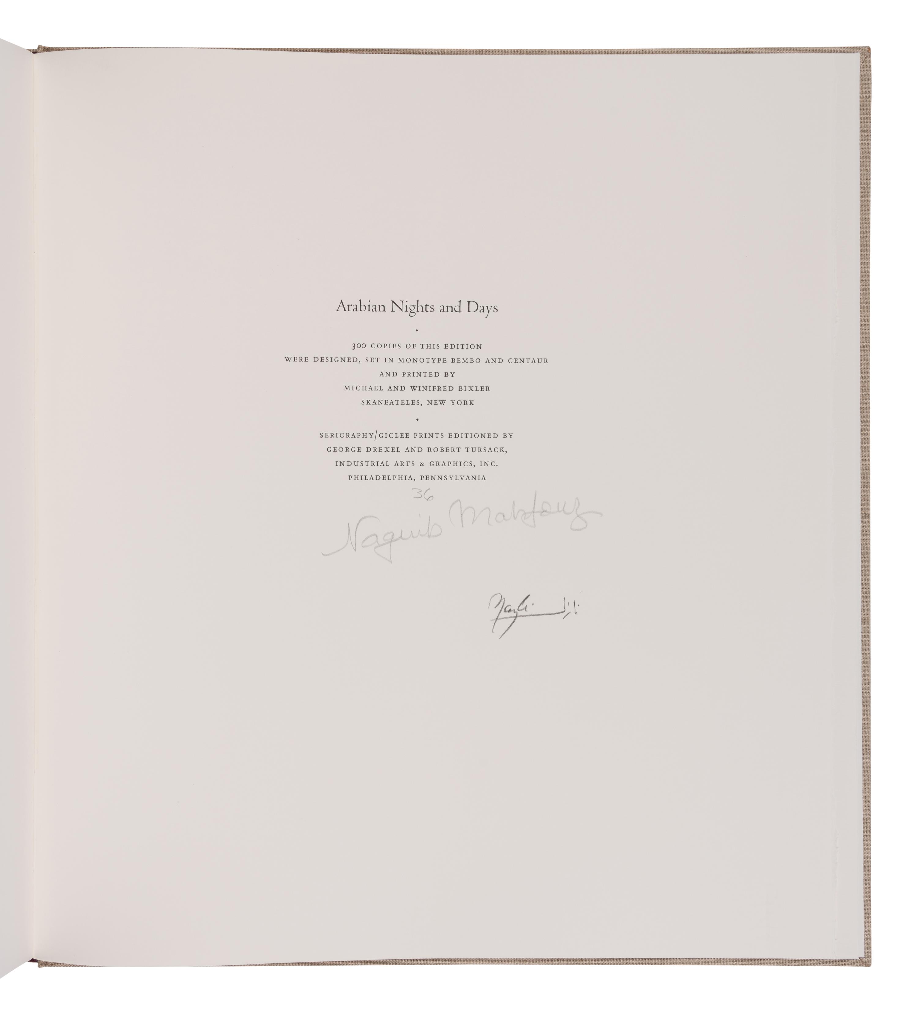 [LIMITED EDITIONS CLUB]. MADKOUR, Nazli (b. 1949), illustrator. -- MAHFOUZ, Naguib (1911-2004). Arabian Nights and Days. New York: The Limited Editions Club, 2005.