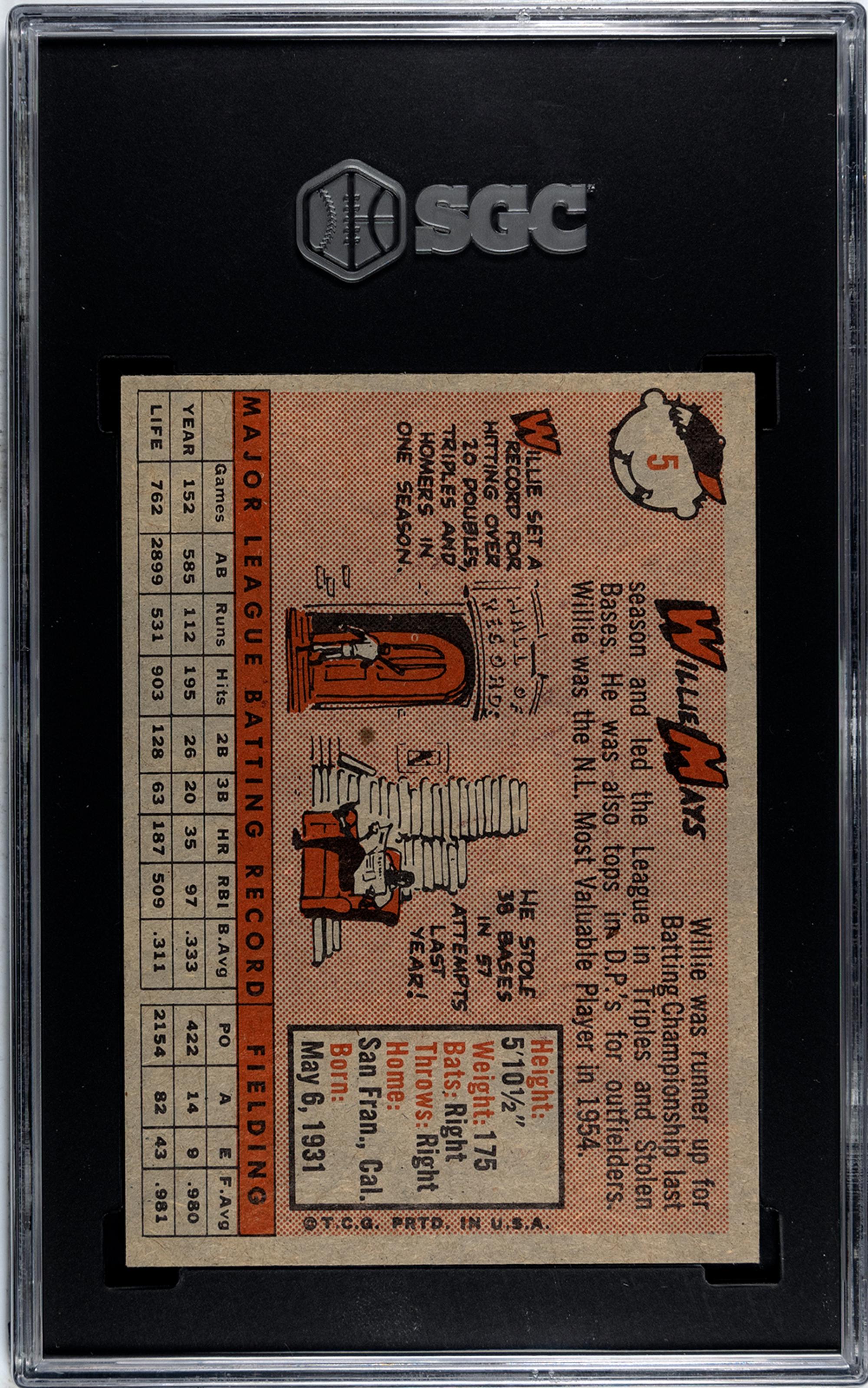 A 1958 Topps Willie Mays Baseball Card No. 5 (SGC 7 NRMT)