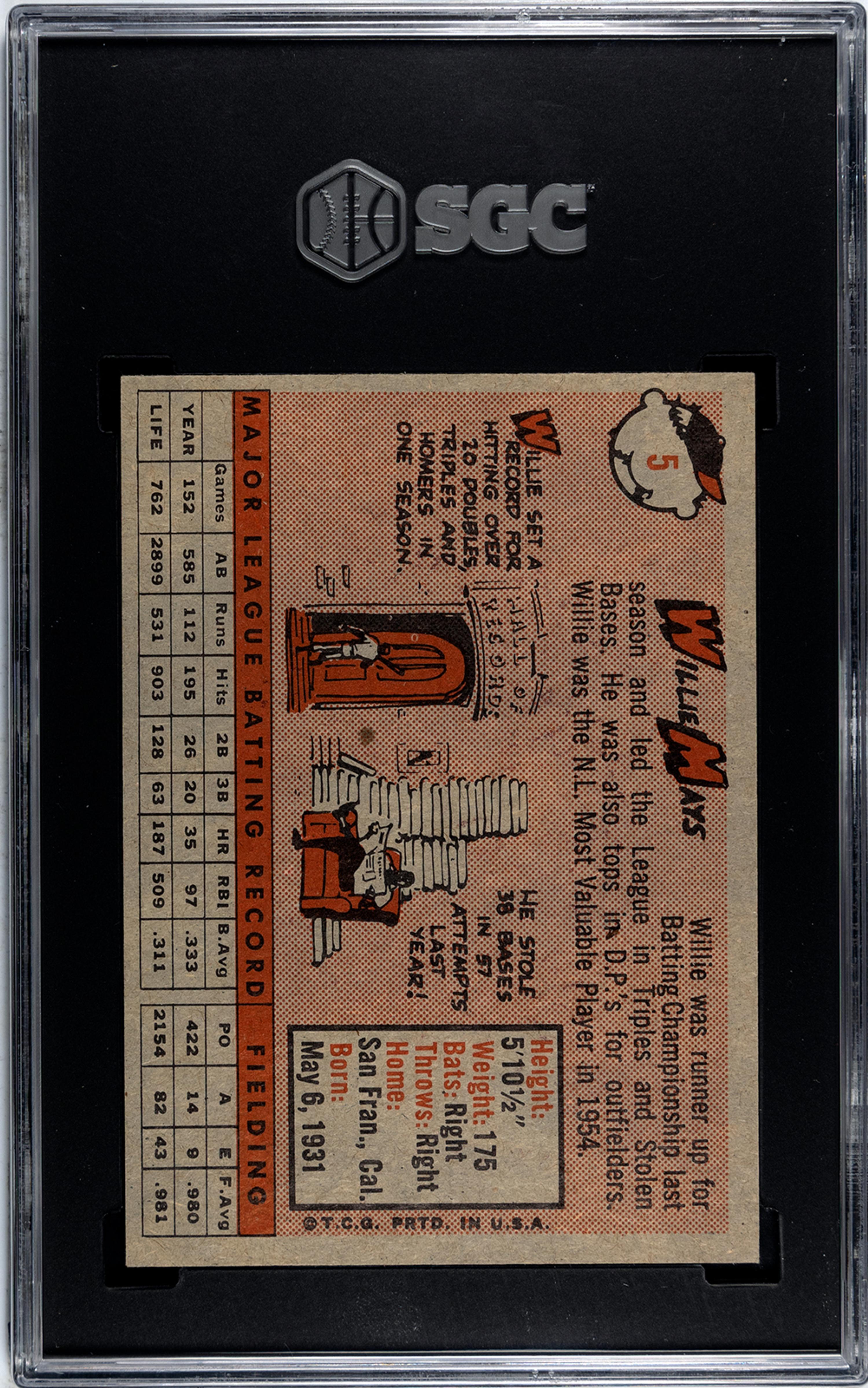 A 1958 Topps Willie Mays Baseball Card No. 5 (SGC 7 NRMT)
