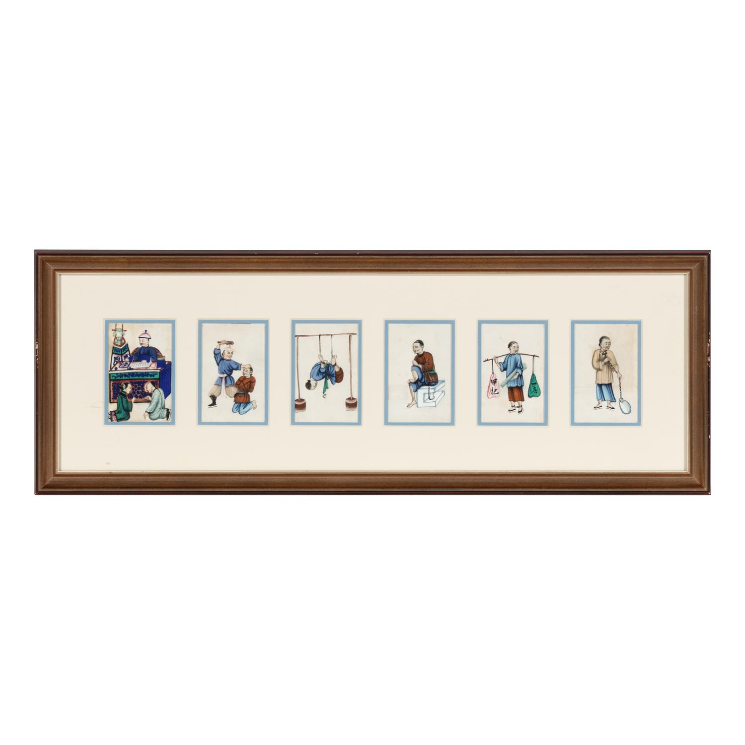 A Set of Six Chinese Paintings Depicting Punishments