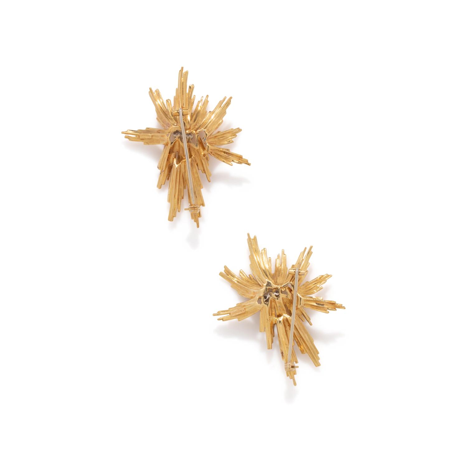 PAIR OF YELLOW GOLD AND DIAMOND BROOCHES