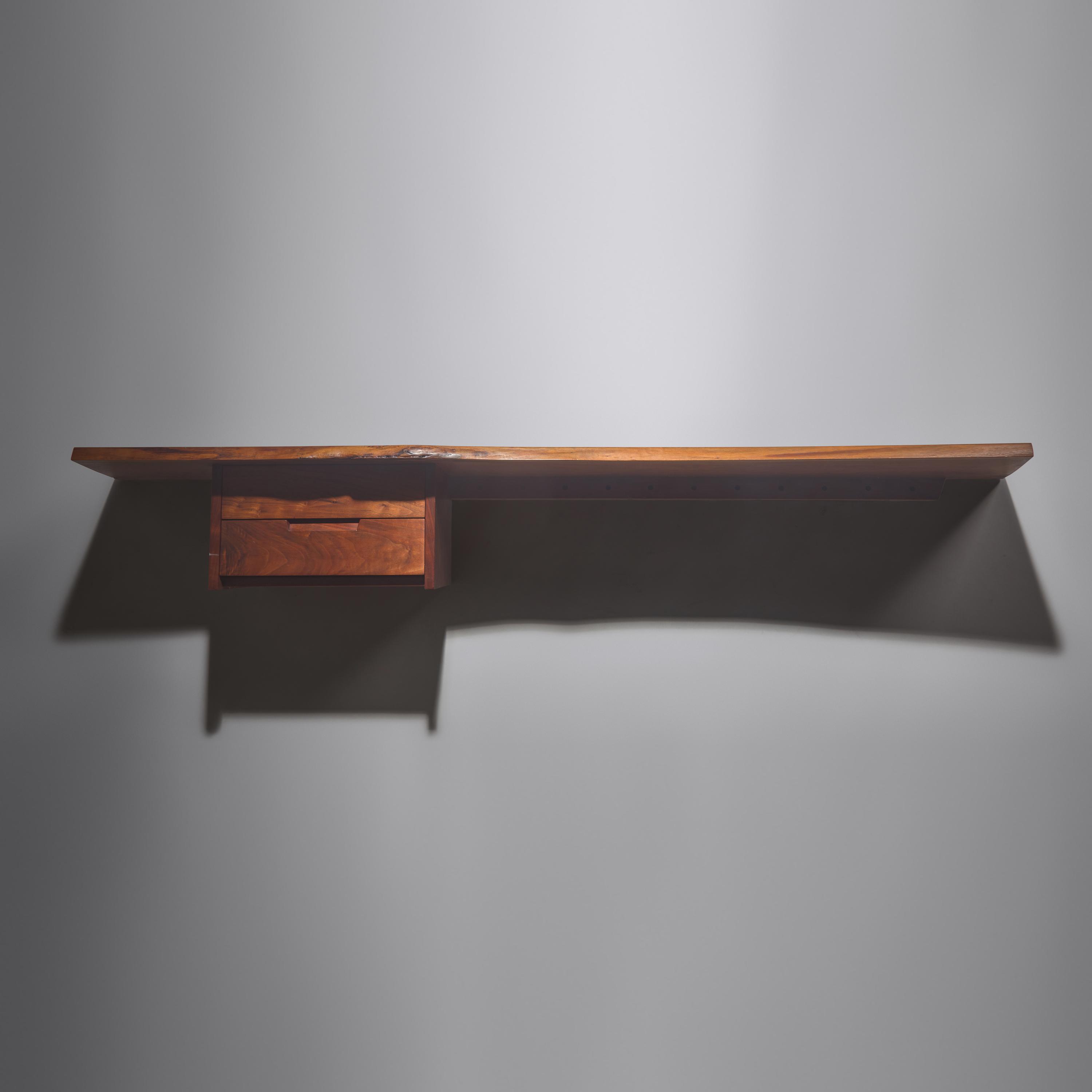 George Nakashima (American, 1905–1990) — Hanging Wall Shelf with Single Drawer, 1969