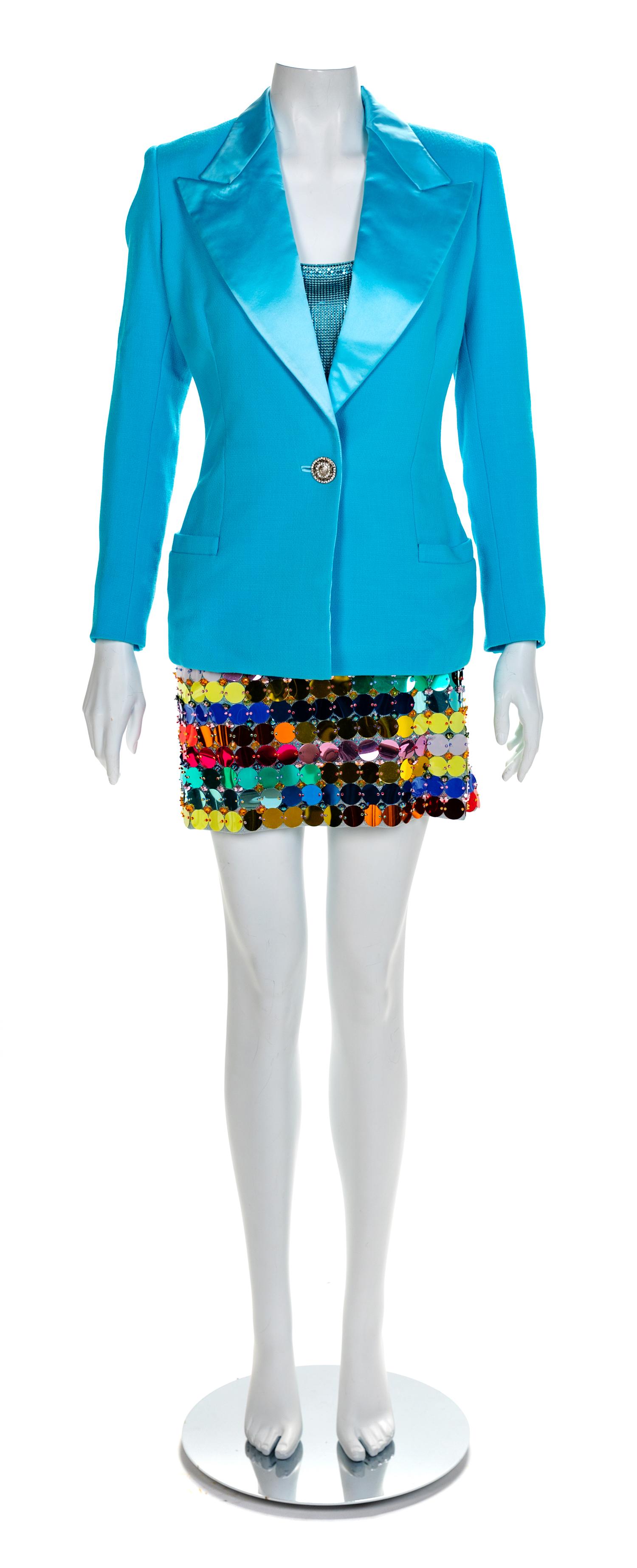 Atelier Versace Blue Jacket with Oroton Bodysuit and Multicolor Disc Skirt, A/W 1994 No size label
