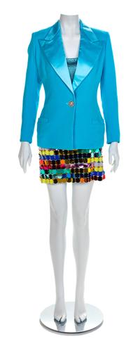 Atelier Versace Blue Jacket with Oroton Bodysuit and Multicolor Disc Skirt, A/W 1994 No size label